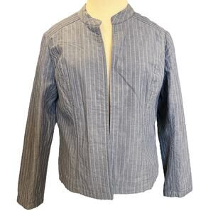 Chico’s Open Front Jacket Size 1 S Chambray Blue White Top Stitch Cottage Asian